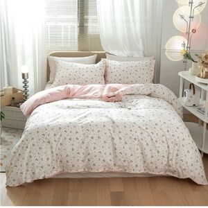 VM VOUGEMARKET Reversible Pink White Flower Duvet Cover Set Full 100% Cotton